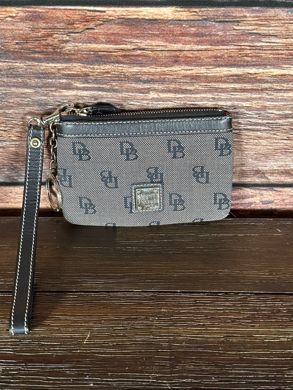 Dooney & Bourke Black Signature Wristlet Keychain with Leather Trim